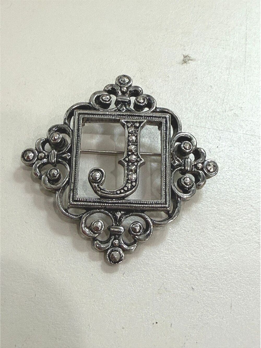 Vintage Silver Tone Brooch Pin with Letter J